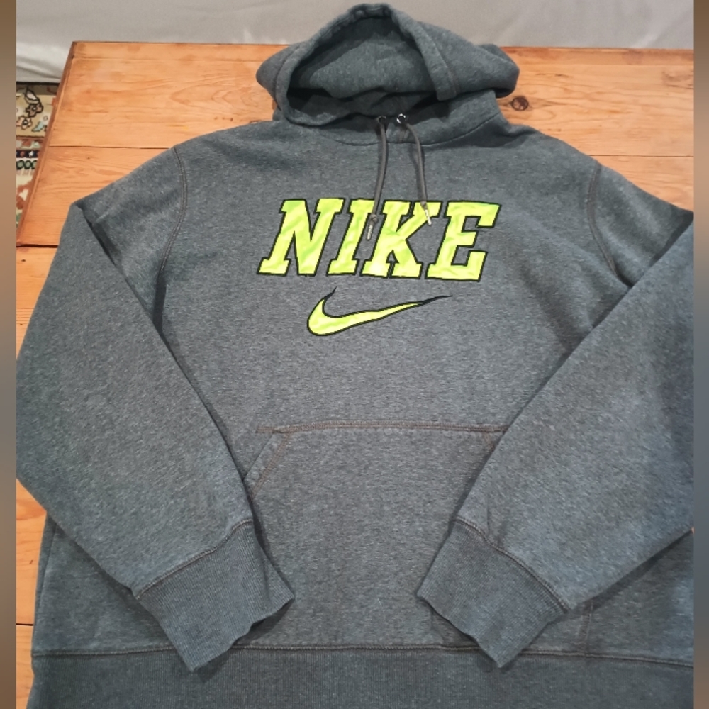Nike Center Swoosh Hoodie Spellout Embroidered Gray/Neon Hoodie Size XL